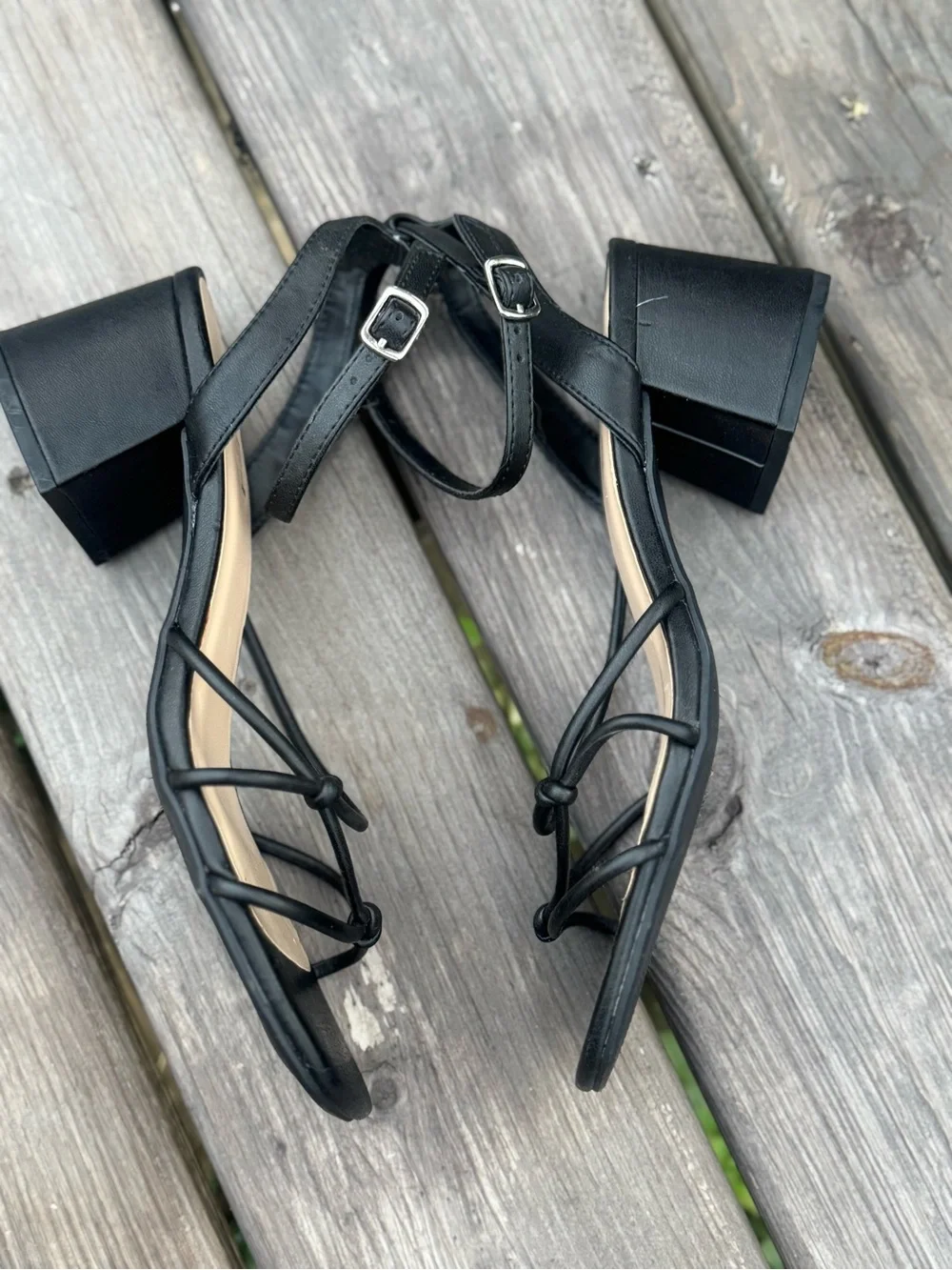 Soda Black Knotted Strappy Block Heel Sandals